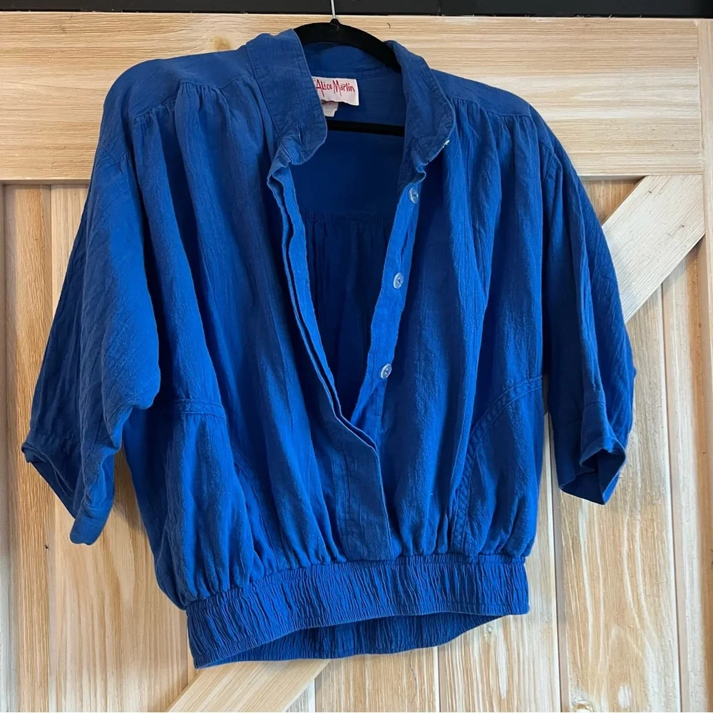 Vintage cotton cobalt blue top by Alice Martin pullover with pockets - Picture 5 of 12